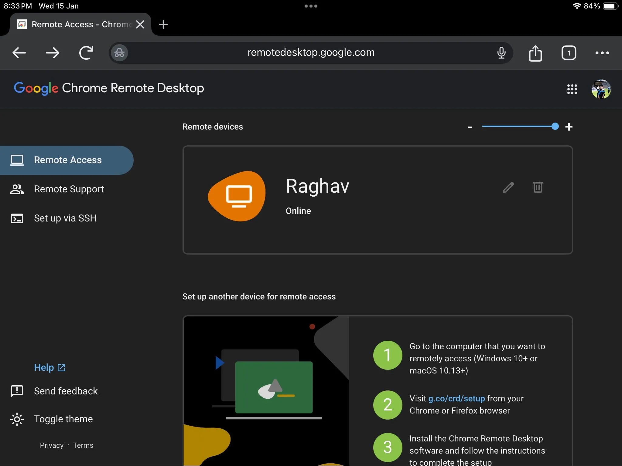 Trang web Chrome Remote Desktop trên iPad hiển thị danh sách các máy tính đã thiết lập sẵn sàng để truy cập từ xa.