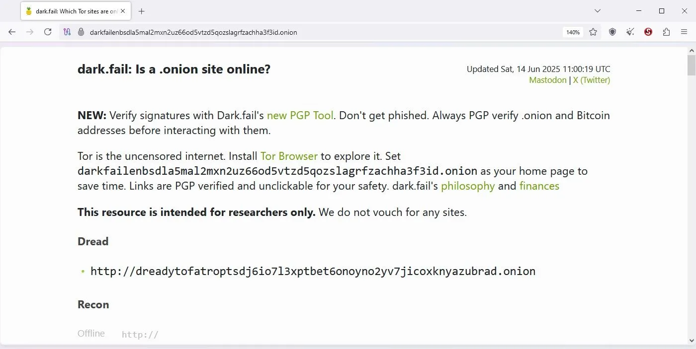 Trang web Dark.Fail trên trình duyệt Tor hiển thị nội dung cộng đồng