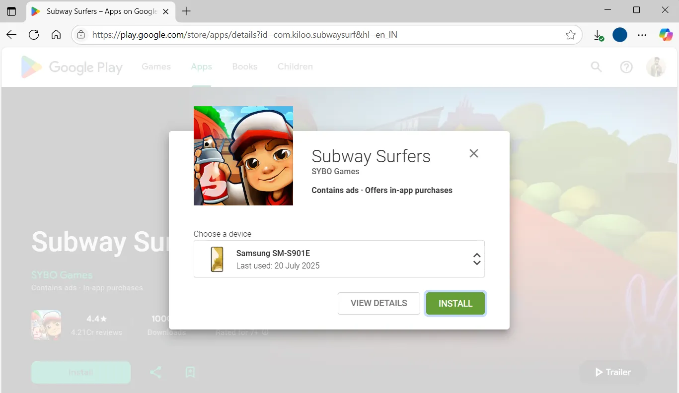 Trang web Google Play Store trên máy tính, hiển thị tùy chọn cài đặt trò chơi trên điện thoại