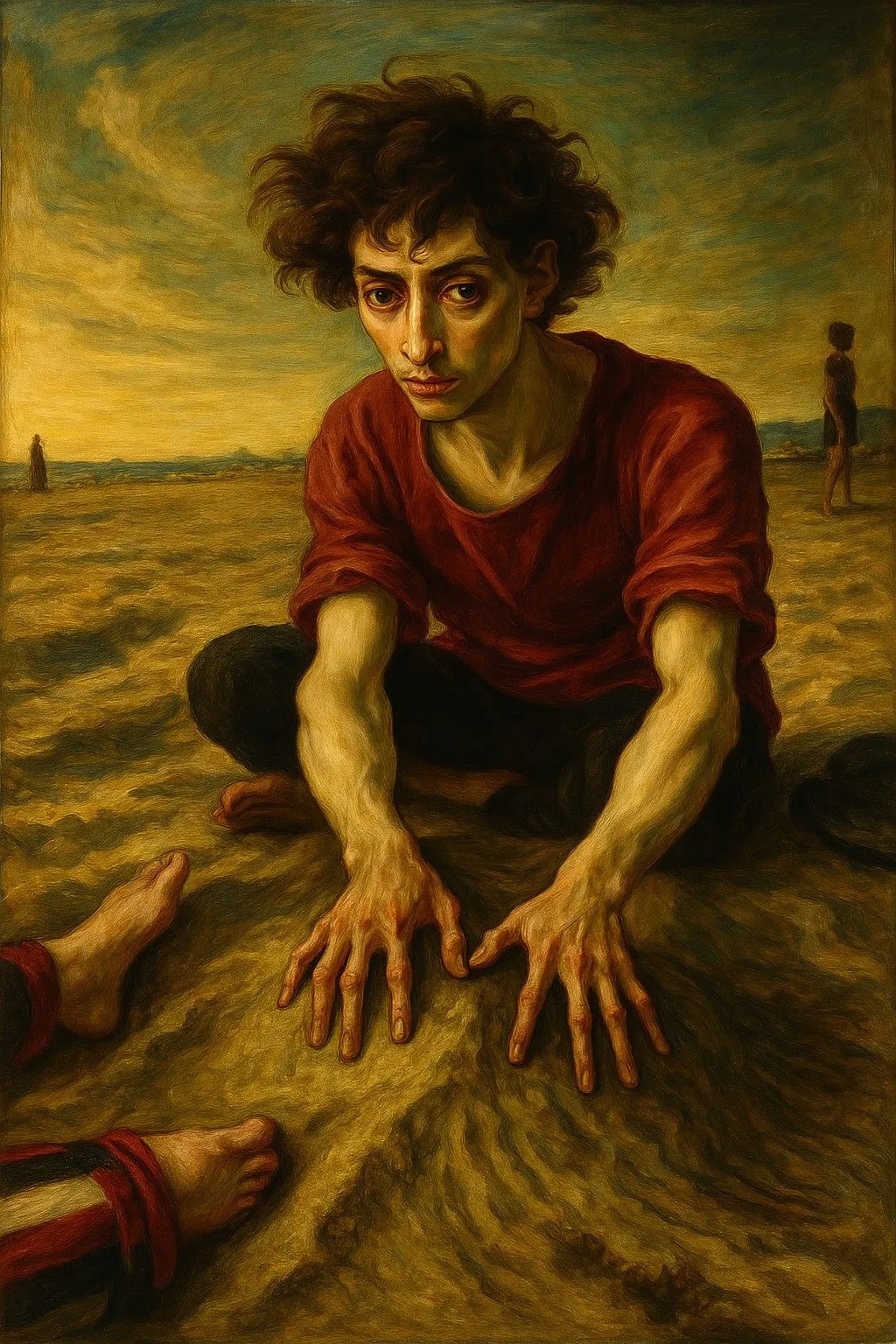 Tranh Mannerism mô tả người đàn ông ngồi trên bãi biển từ AI