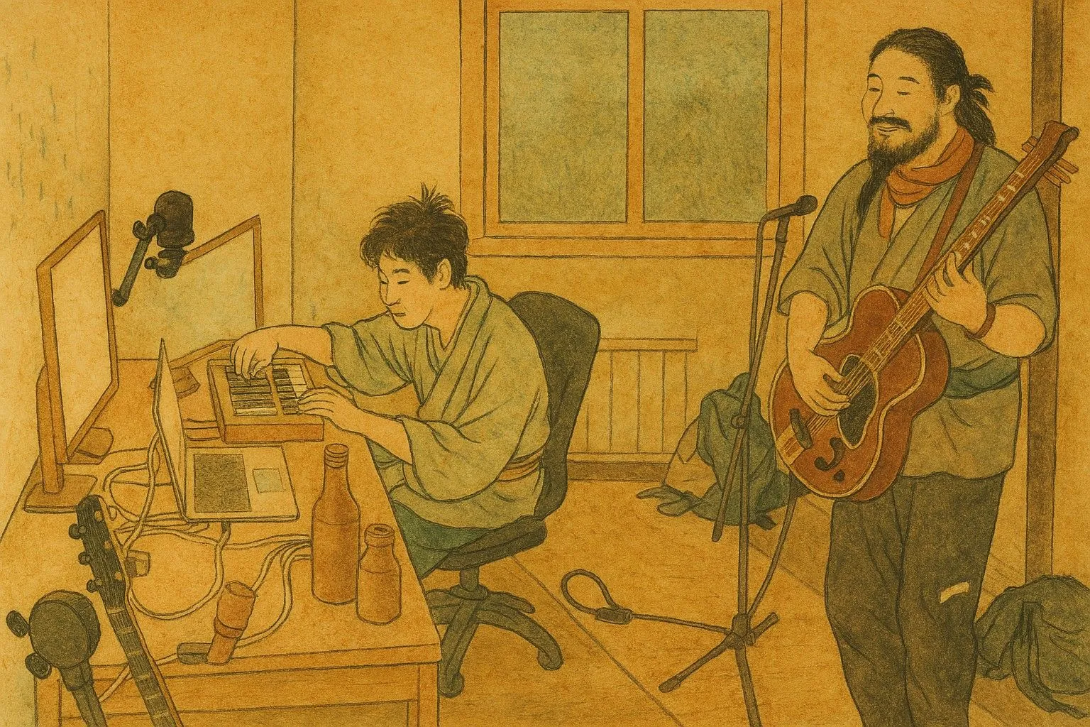 Tranh Yamato-e hai người đàn ông chơi nhạc cụ từ ảnh gốc