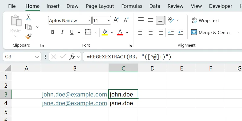 Trích xuất tên người dùng từ email bằng hàm REGEXEXTRACT trong Excel