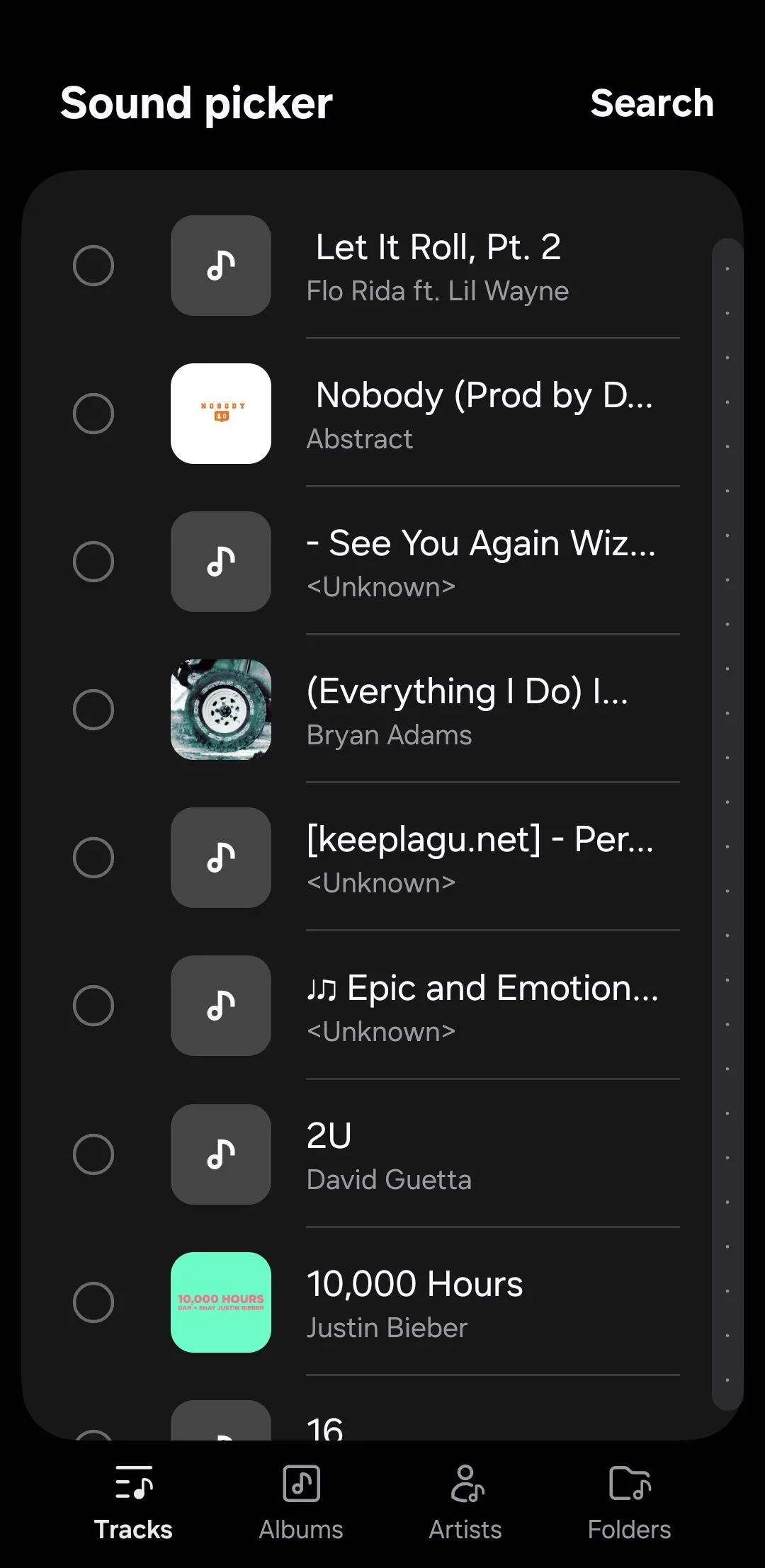 Trình chọn âm thanh trong ứng dụng Samsung Studio trên điện thoại Galaxy