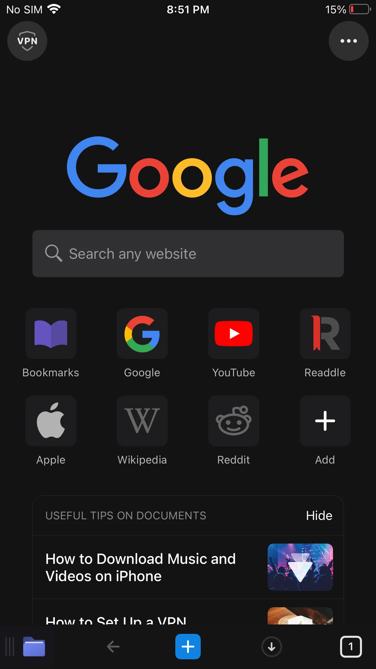 Trình duyệt web tích hợp sẵn trong ứng dụng Documents by Readdle trên iPhone