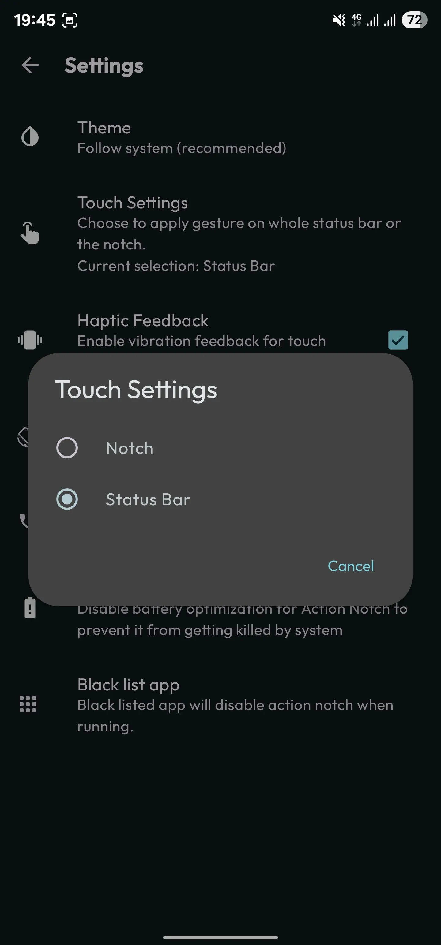 Tùy chỉnh vùng tương tác của Action Notch sang thanh trạng thái