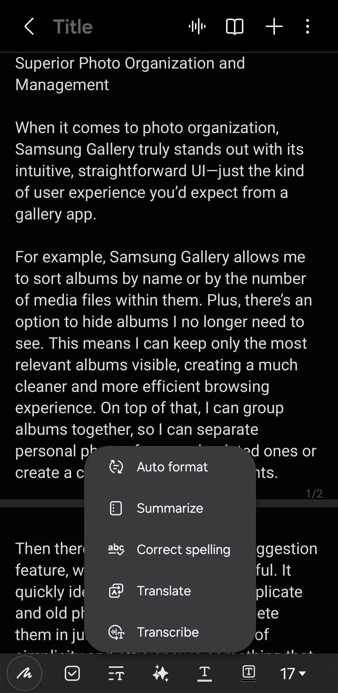 Tùy chọn Auto Format giúp sắp xếp ghi chú tự động trong ứng dụng Ghi chú Samsung