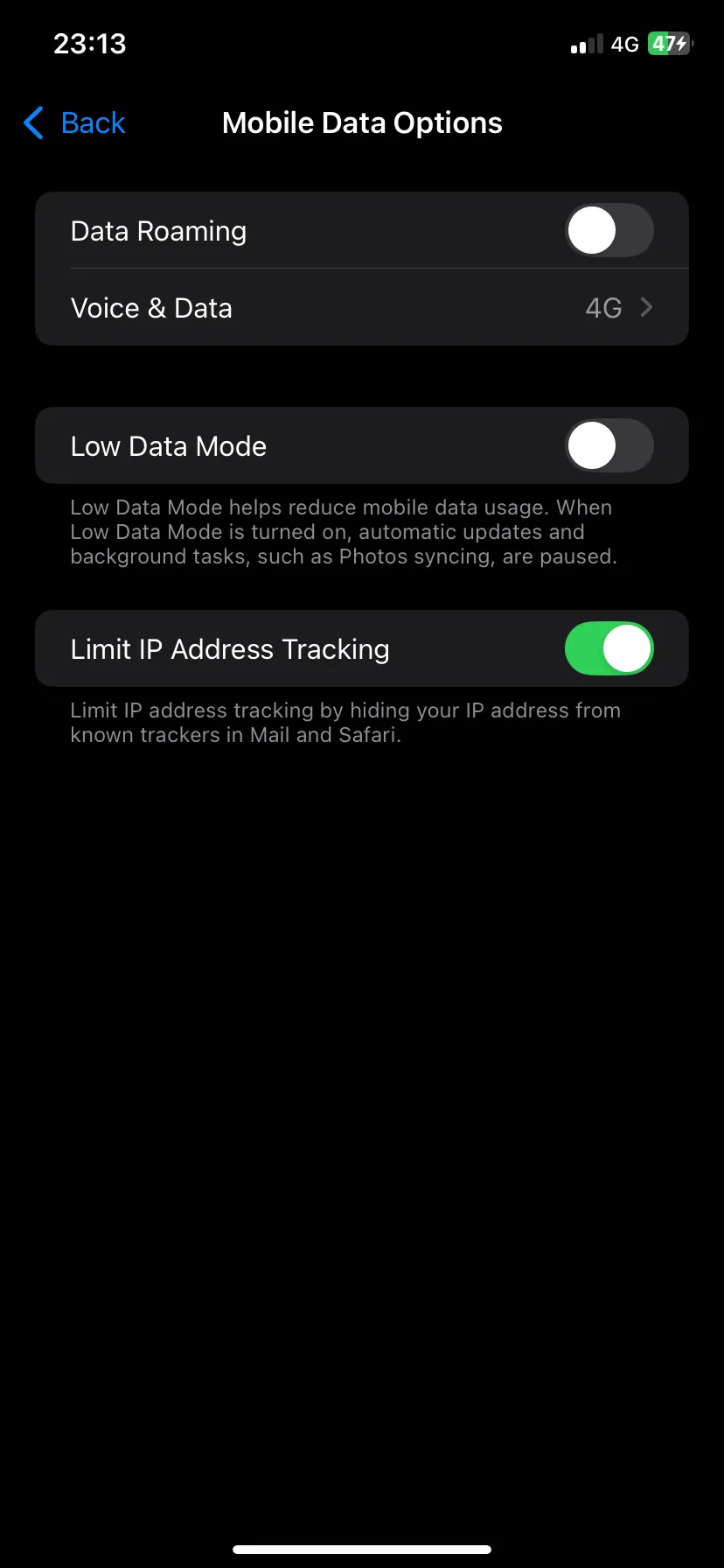 Tùy chọn Chế độ Dữ liệu Thấp trong cài đặt Di động trên iOS