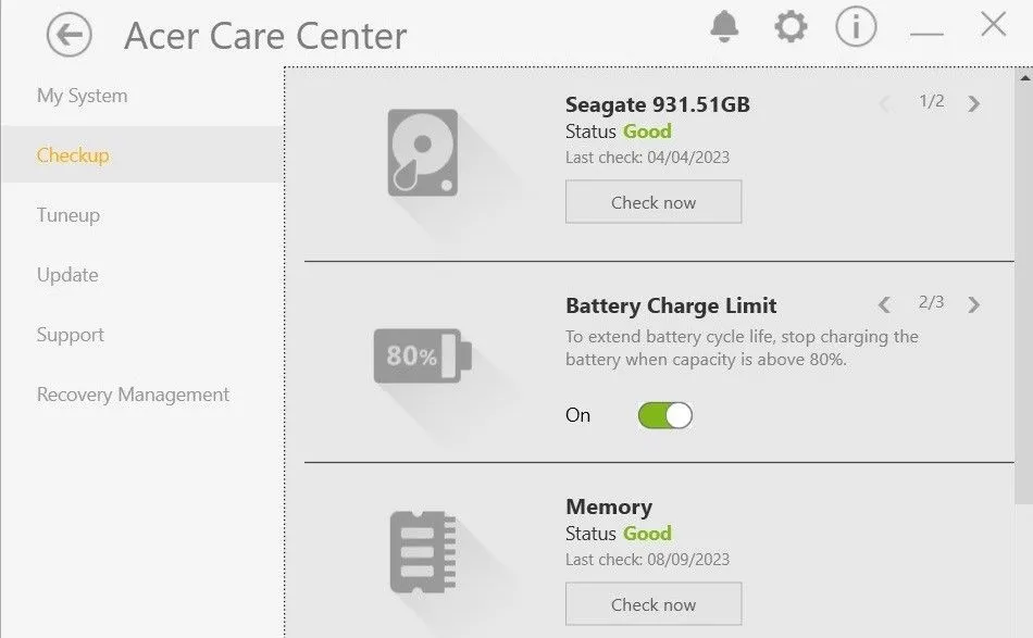 Tùy chọn giới hạn sạc pin trong ứng dụng Acer Care Center