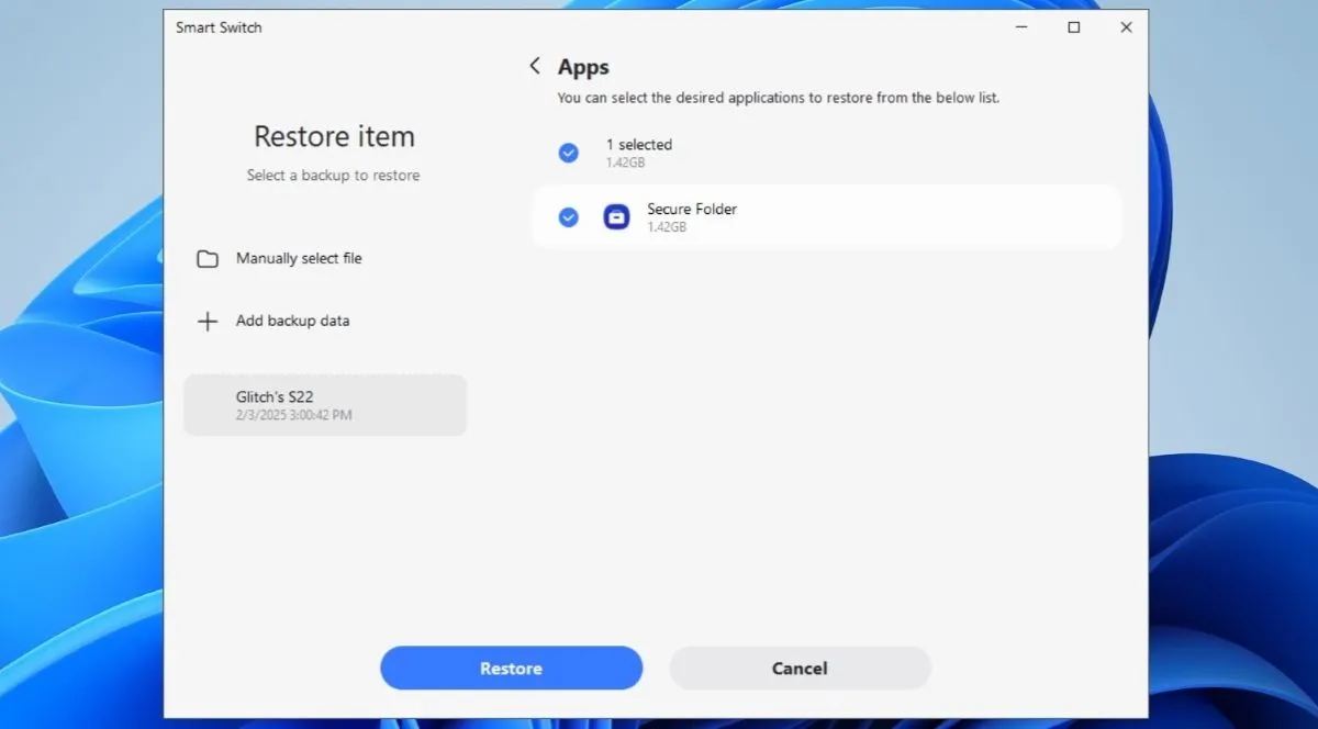 Tùy chọn khôi phục dữ liệu Thư mục Bảo mật trên ứng dụng Smart Switch máy tính