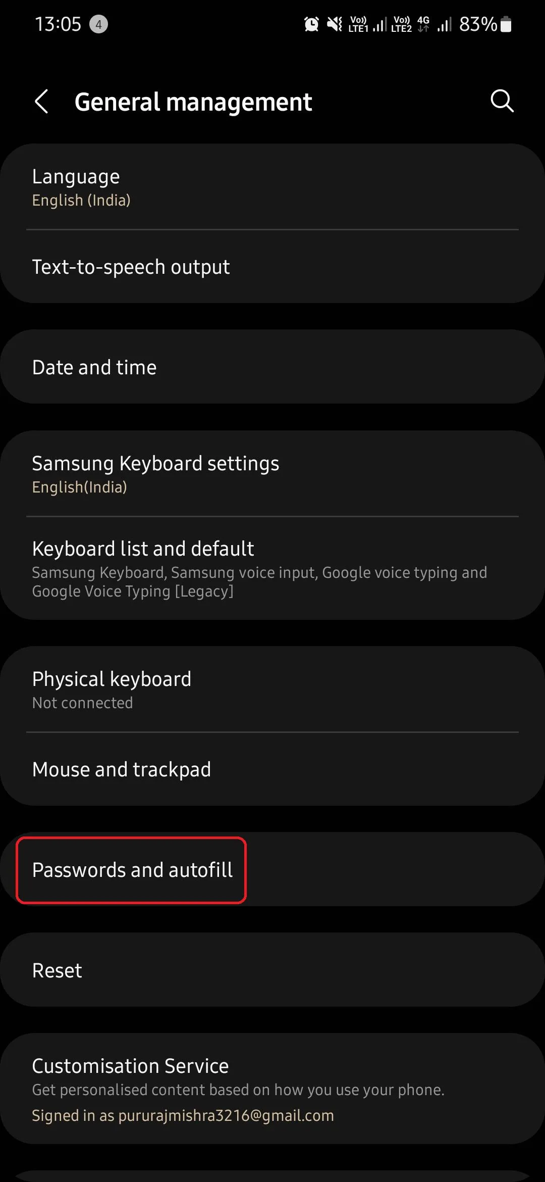 Tùy chọn Mật khẩu và tự động điền trong Cài đặt chung Samsung