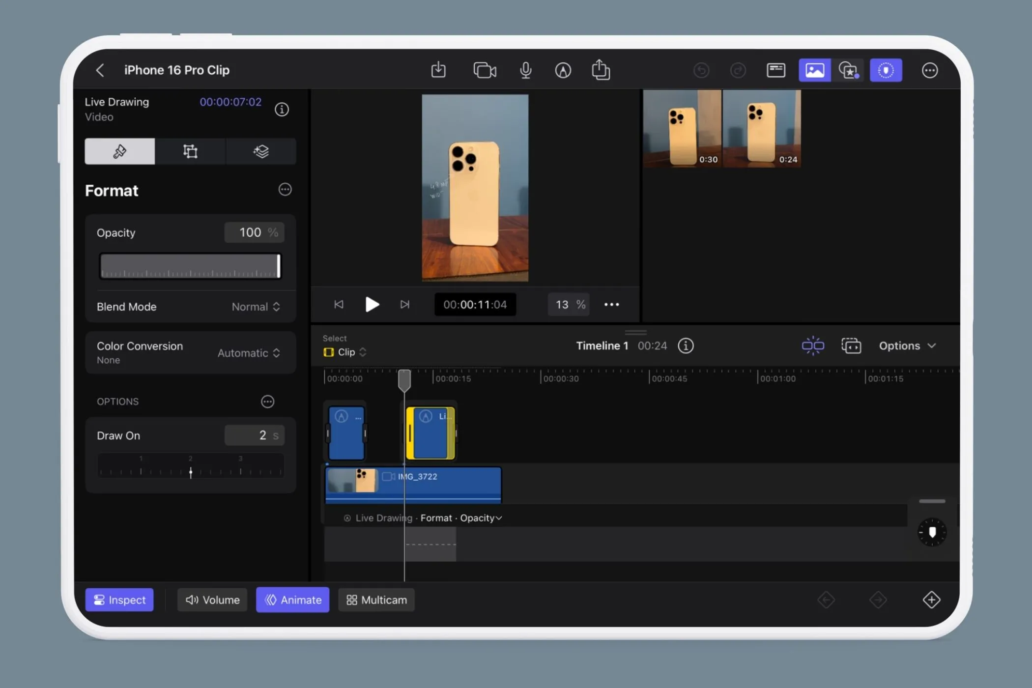 Tùy chọn Opacity, Blend Mode và Draw On trong menu Inspect của Live Drawing Final Cut Pro iPad giúp tùy chỉnh hiệu ứng bản vẽ