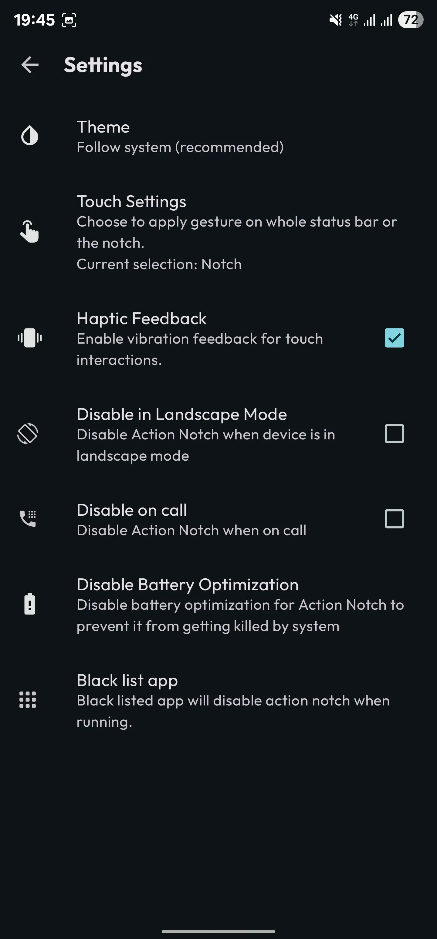 Tùy chọn phản hồi xúc giác (Haptic Feedback) được bật trong cài đặt Action Notch