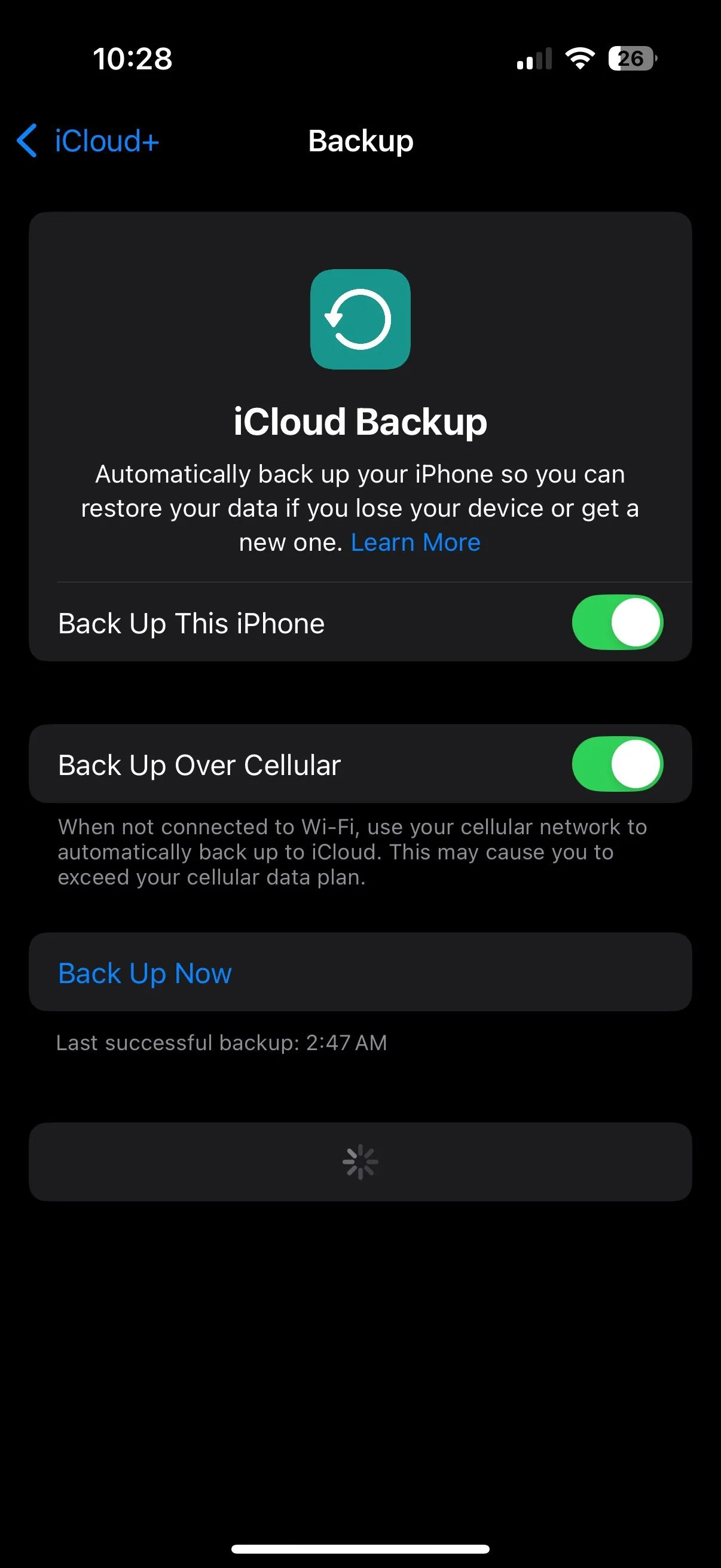 Tùy chọn sao lưu iCloud qua dữ liệu di động trong cài đặt iPhone.