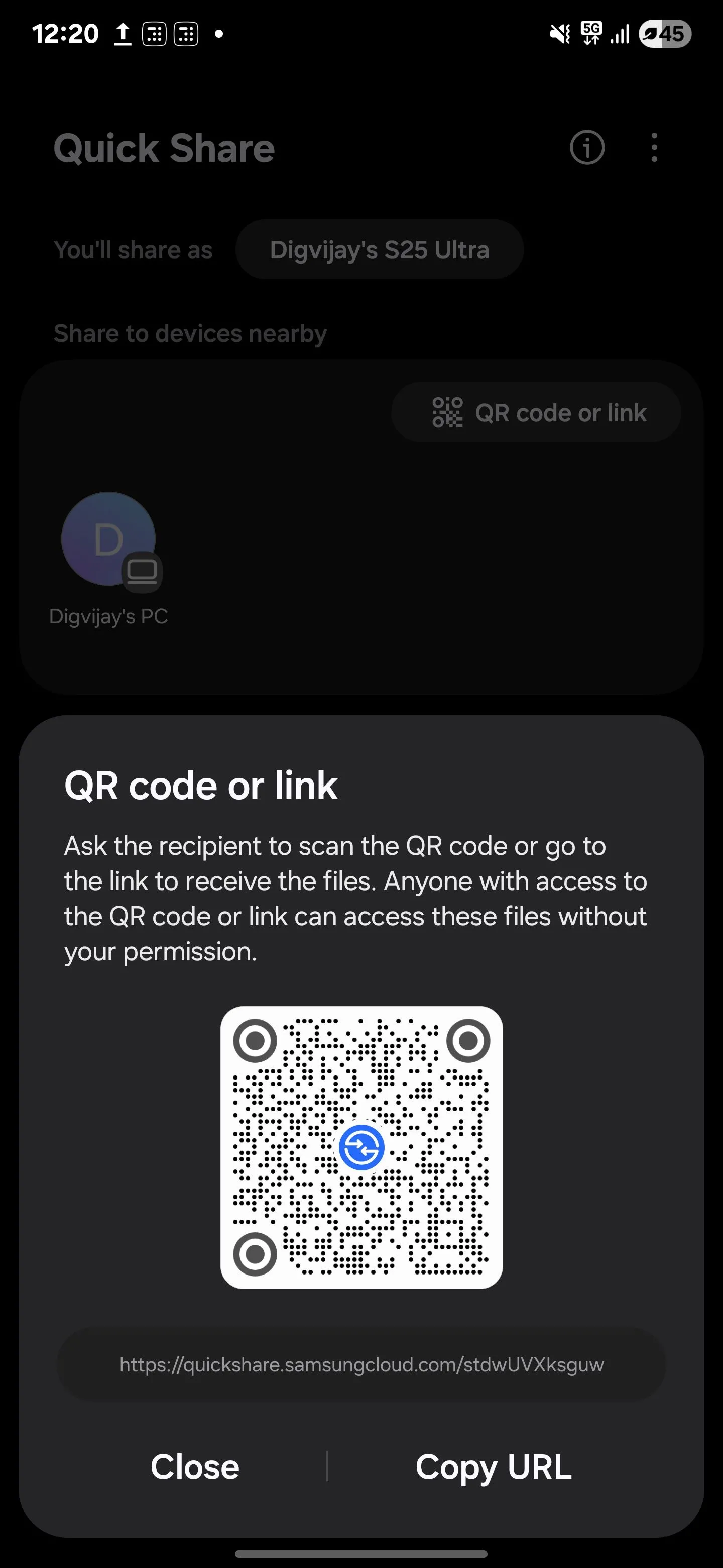 Tùy chọn tạo liên kết hoặc mã QR để chia sẻ file trong Quick Share