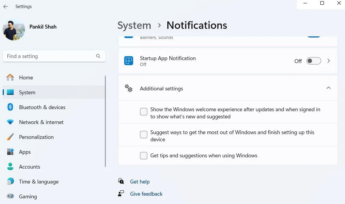 Tùy chọn tắt mẹo và đề xuất hệ thống trong cài đặt thông báo Windows 11