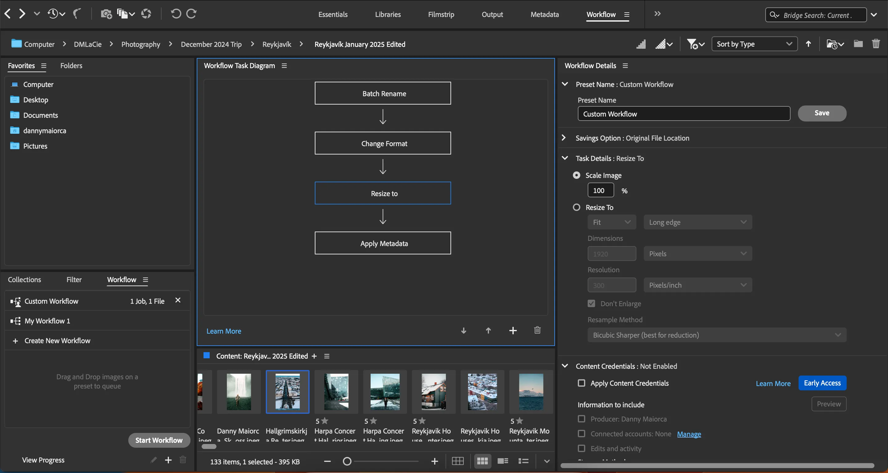 Tùy chọn thay đổi kích thước ảnh trong Adobe Bridge, hữu ích cho việc chuẩn bị ảnh cho mạng xã hội hoặc in ấn.