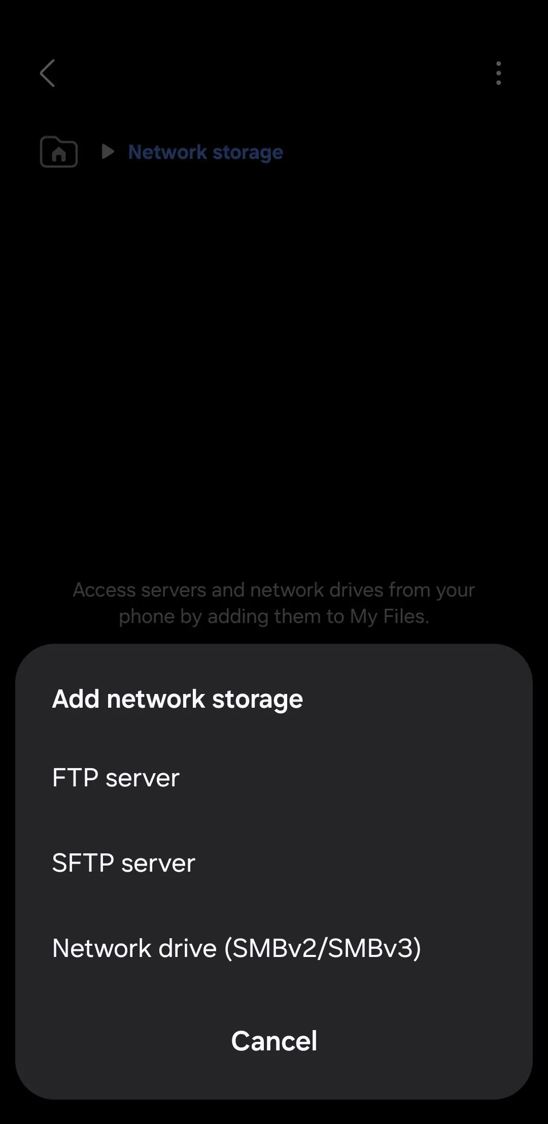 Tùy chọn thêm bộ nhớ mạng như FTP hoặc ổ đĩa chia sẻ trong ứng dụng Tệp của Samsung, tăng khả năng quản lý dữ liệu