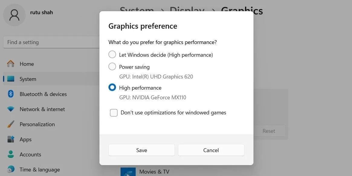 Tùy chọn thiết lập GPU rời cho ứng dụng trong cài đặt đồ họa Windows 11 để cải thiện trải nghiệm chơi game.