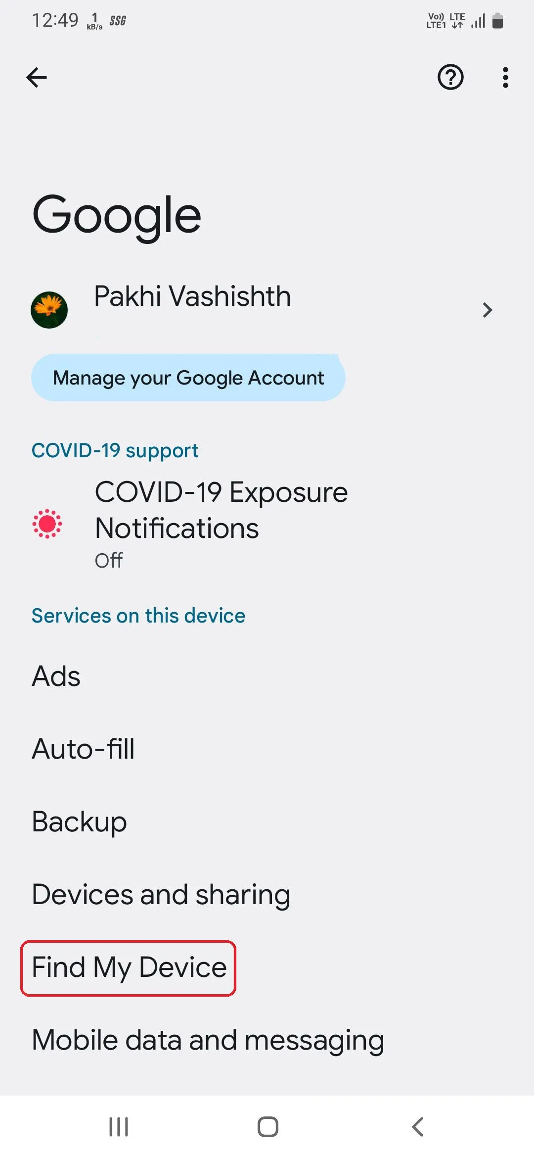 Tùy chọn Tìm thiết bị của tôi trong cài đặt Google trên điện thoại Samsung