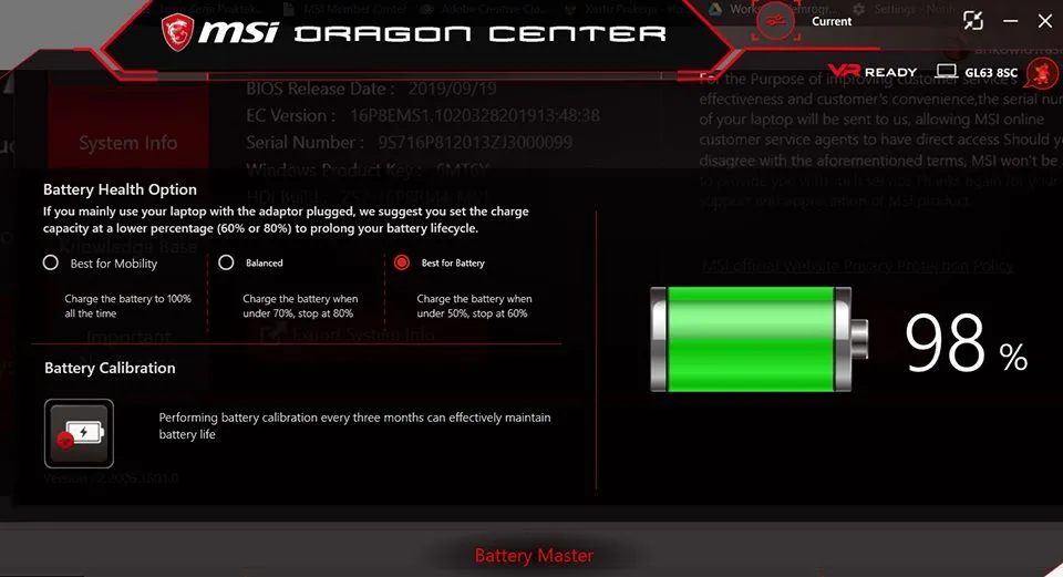 Tùy chọn tình trạng pin trong ứng dụng MSI Dragon Center