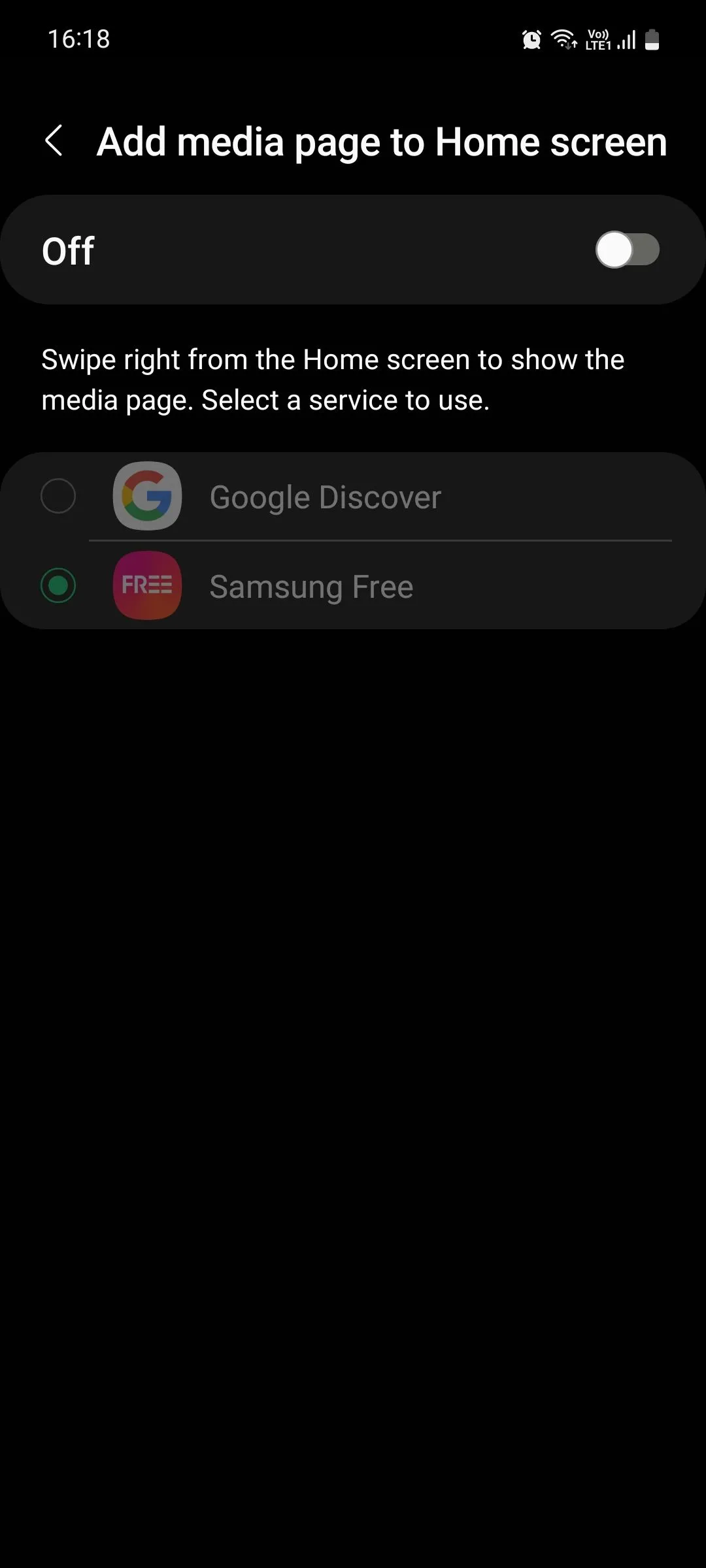 Tùy chọn trang phương tiện trên màn hình chính Samsung, cho phép vô hiệu hóa Samsung Free