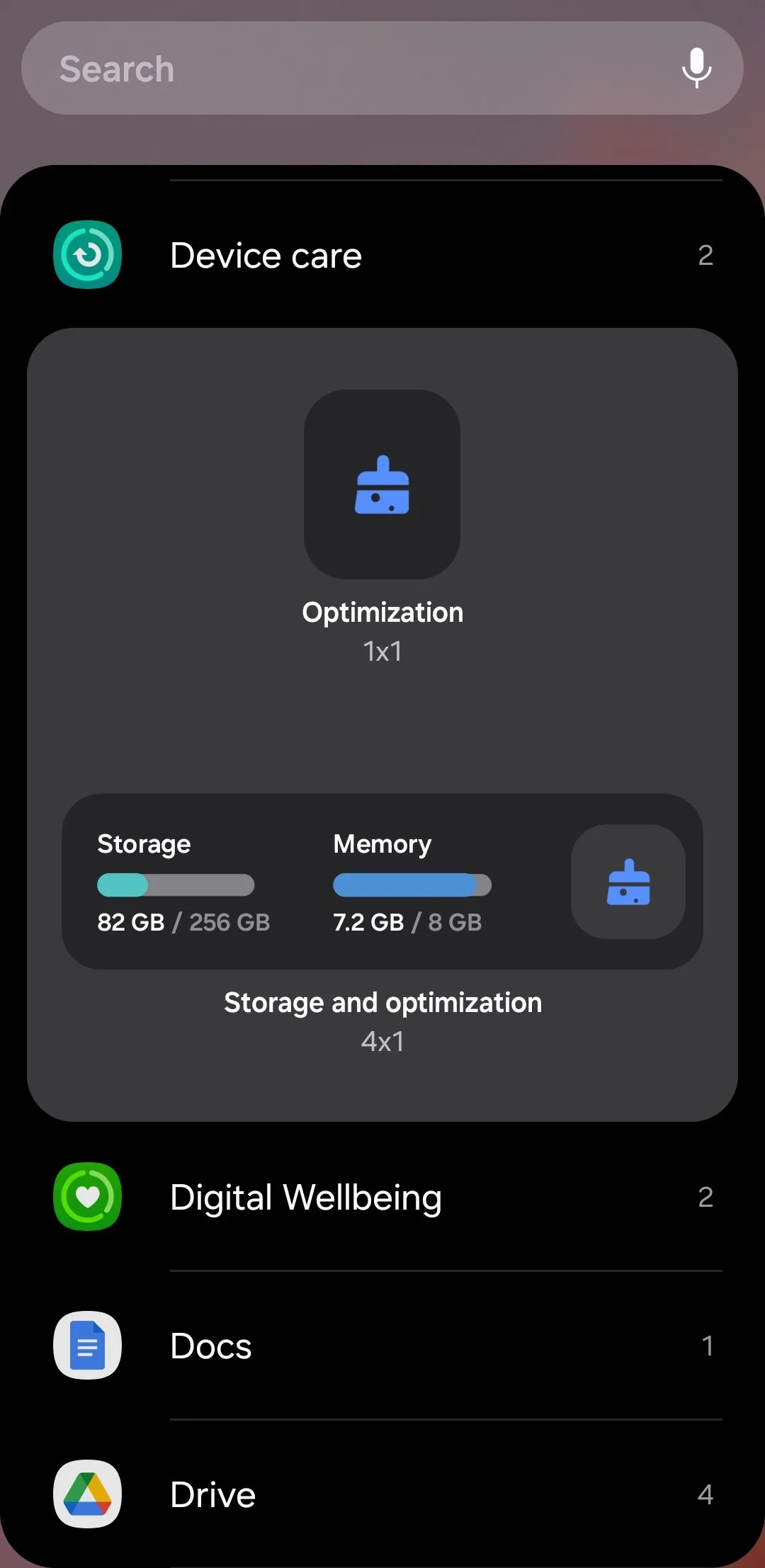 Tùy chọn widget Device Care để kiểm tra bộ nhớ và tối ưu hóa điện thoại Android