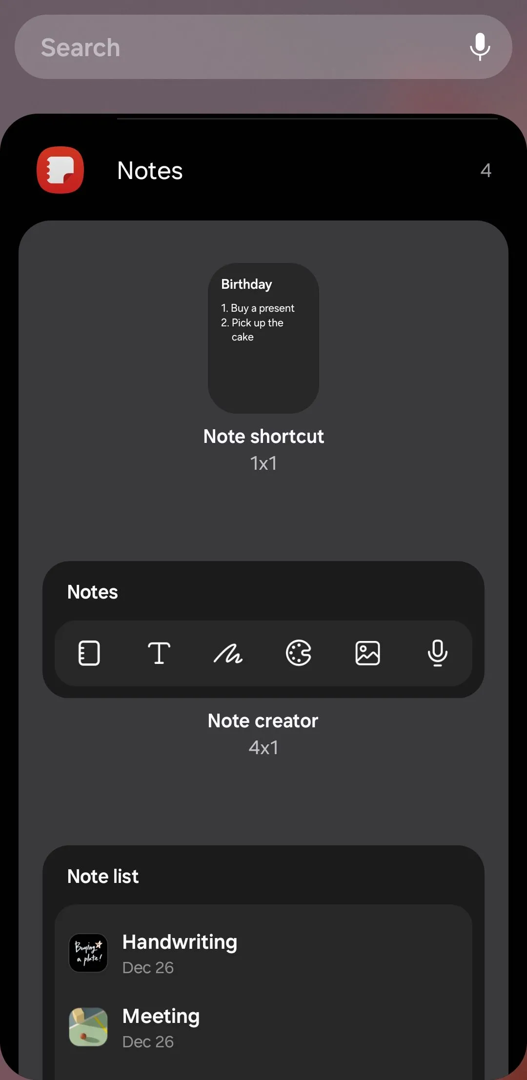 Tùy chọn widget Samsung Notes để tạo ghi chú và hiển thị danh sách