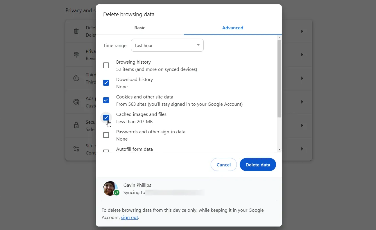 Tùy chọn xóa bộ nhớ đệm và dữ liệu duyệt web trên Google Chrome