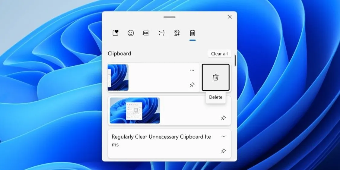 Tùy chọn xóa từng mục hoặc xóa toàn bộ lịch sử trong ứng dụng Clipboard Windows