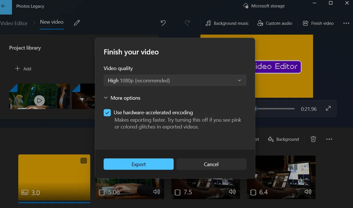 Tùy chọn xuất video với các độ phân giải khác nhau trong Photos Legacy