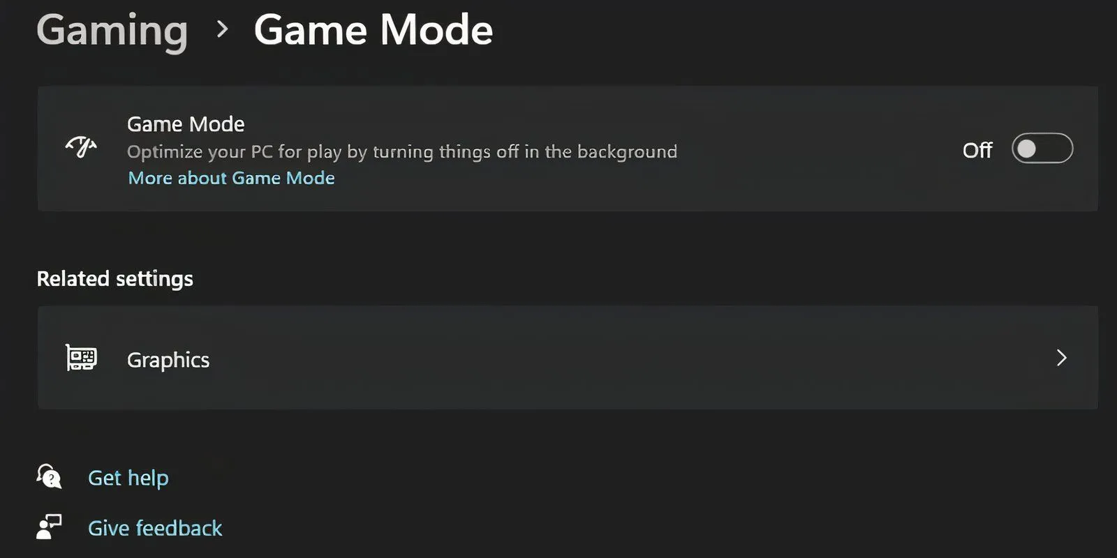 Ứng dụng Cài đặt Windows hiển thị tùy chọn Chế độ Trò chơi (Game Mode) đã được tắt