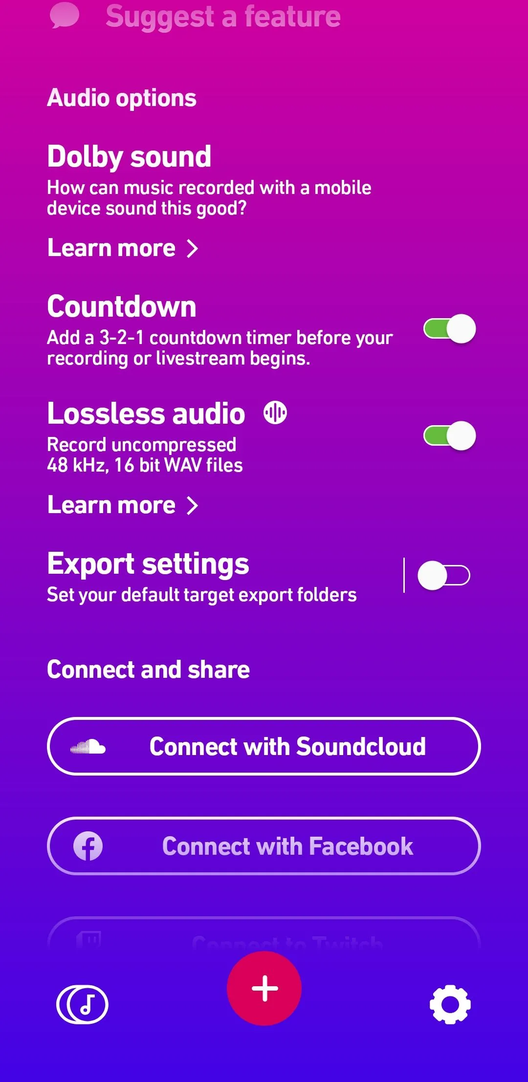 Ứng dụng Dolby On hiển thị menu cài đặt