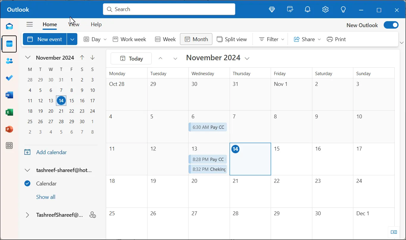 Ứng dụng Lịch được mở trong phần mềm Outlook trên Windows 11, hiển thị các sự kiện và lời nhắc.
