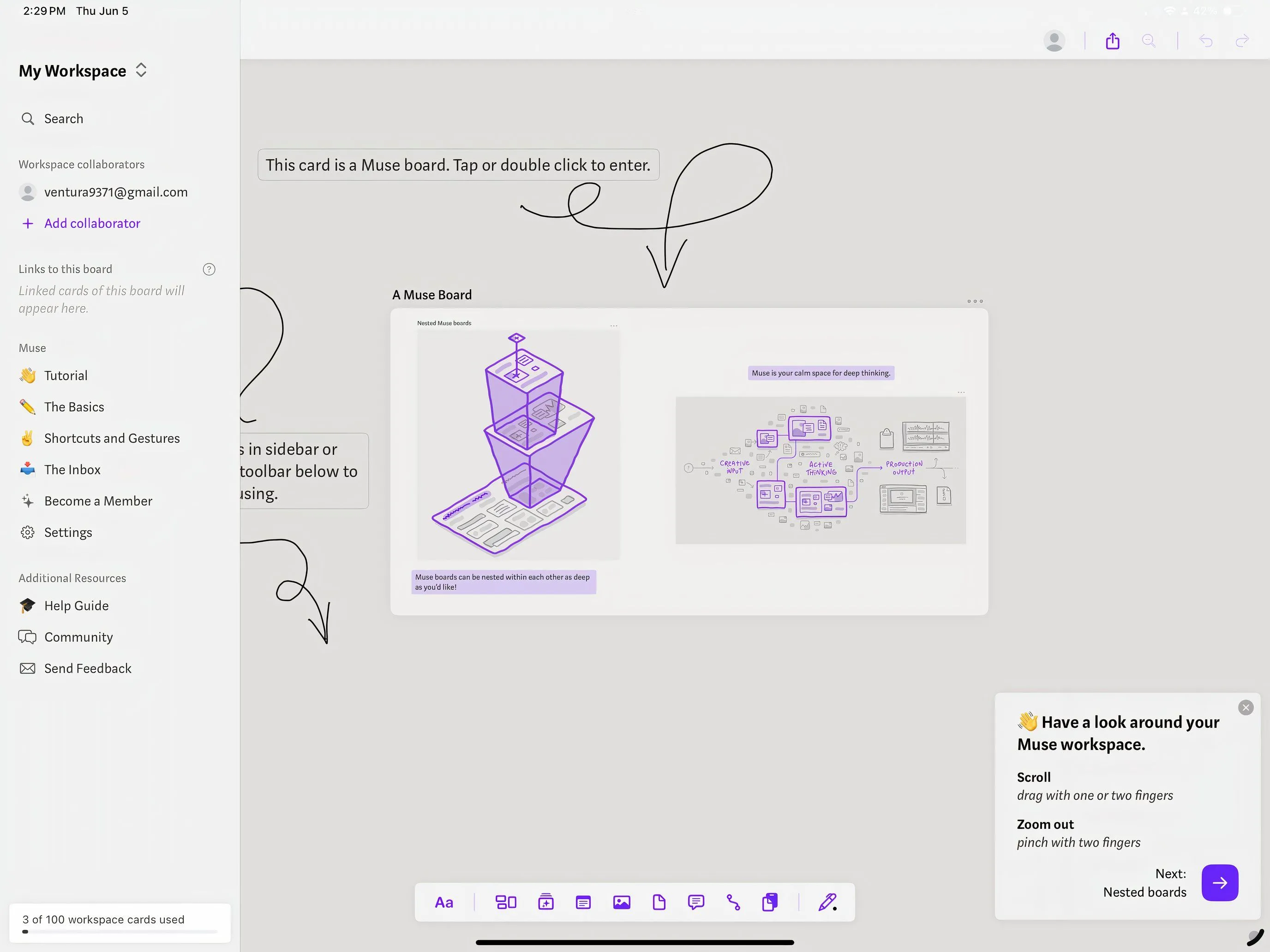 Ứng dụng Muse trên iPad với giao diện bảng trắng tư duy