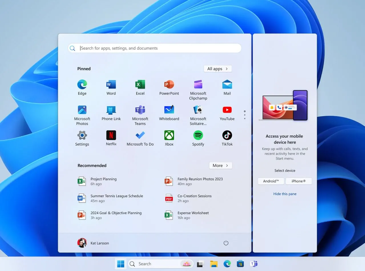 Ứng dụng Phone Link tích hợp trực tiếp trên menu Start của Windows, cho phép truy cập nhanh các tính năng điện thoại