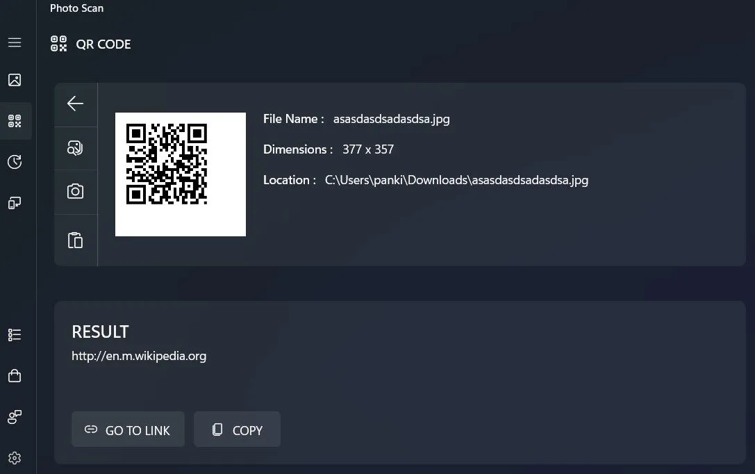 Ứng dụng Photo Scan hiển thị kết quả quét mã QR trên máy tính Windows