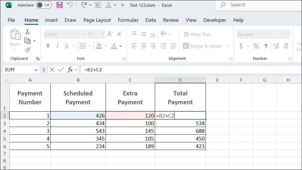 Ví dụ về công thức cộng đơn giản trong một trang tính Excel.