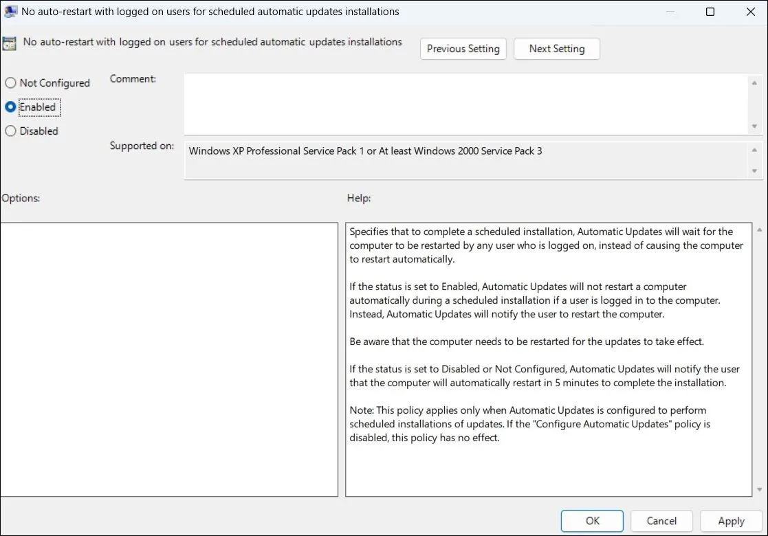 Vô hiệu hóa chính sách tự động khởi động lại cho các bản cập nhật Windows qua Group Policy