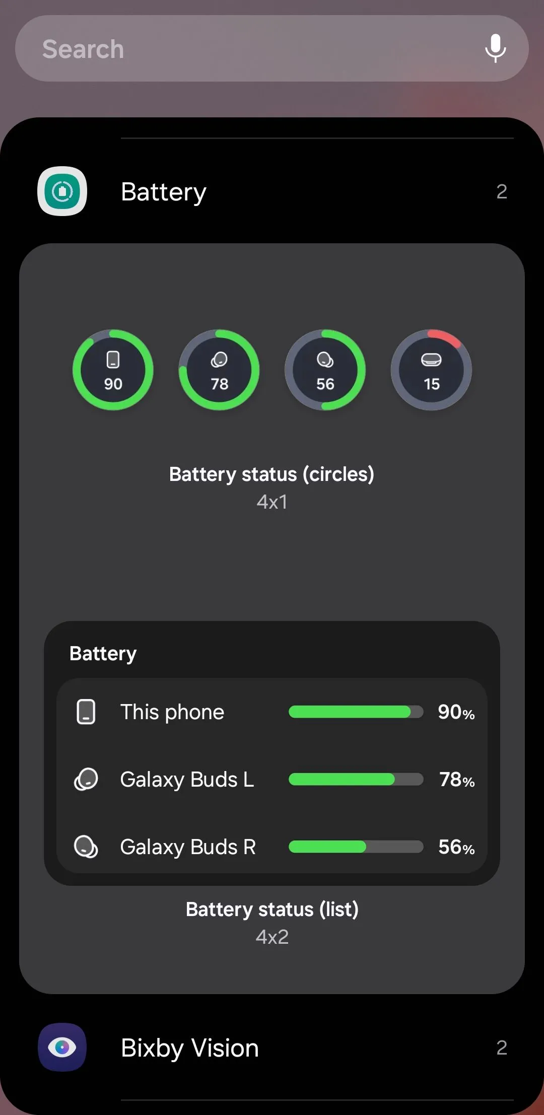 Widget hiển thị trạng thái pin của điện thoại Samsung và các thiết bị kết nối