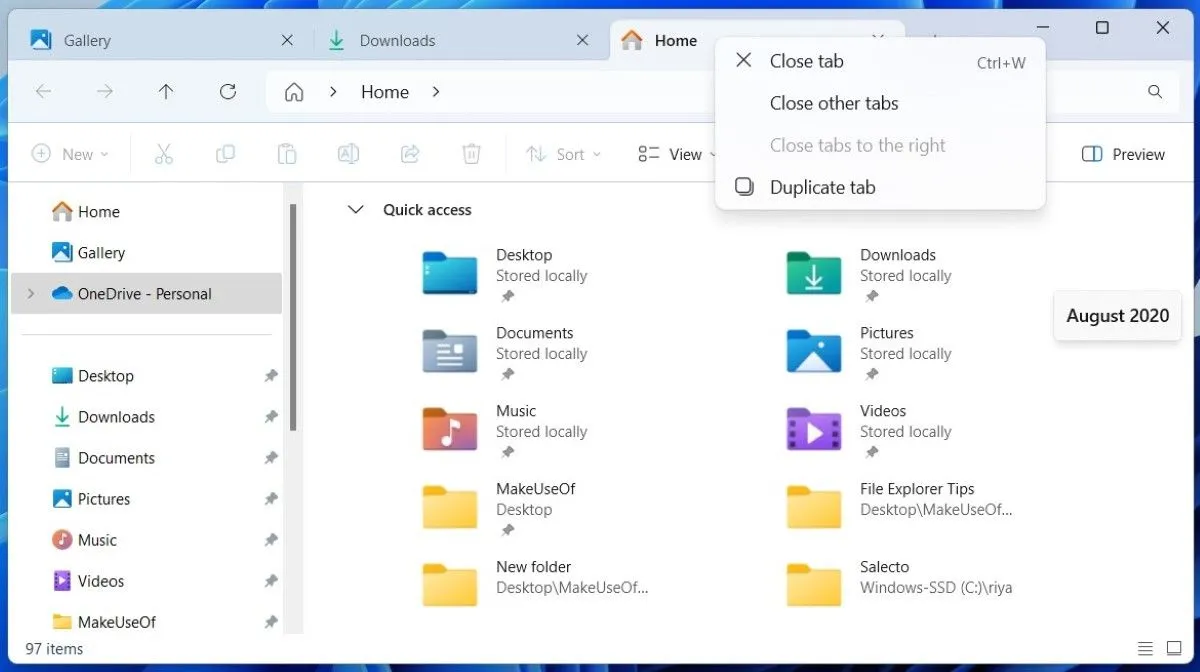 Windows 11 File Explorer hiển thị các tab và cây thư mục ở bảng điều khiển bên trái, minh họa cách tổ chức file hiệu quả