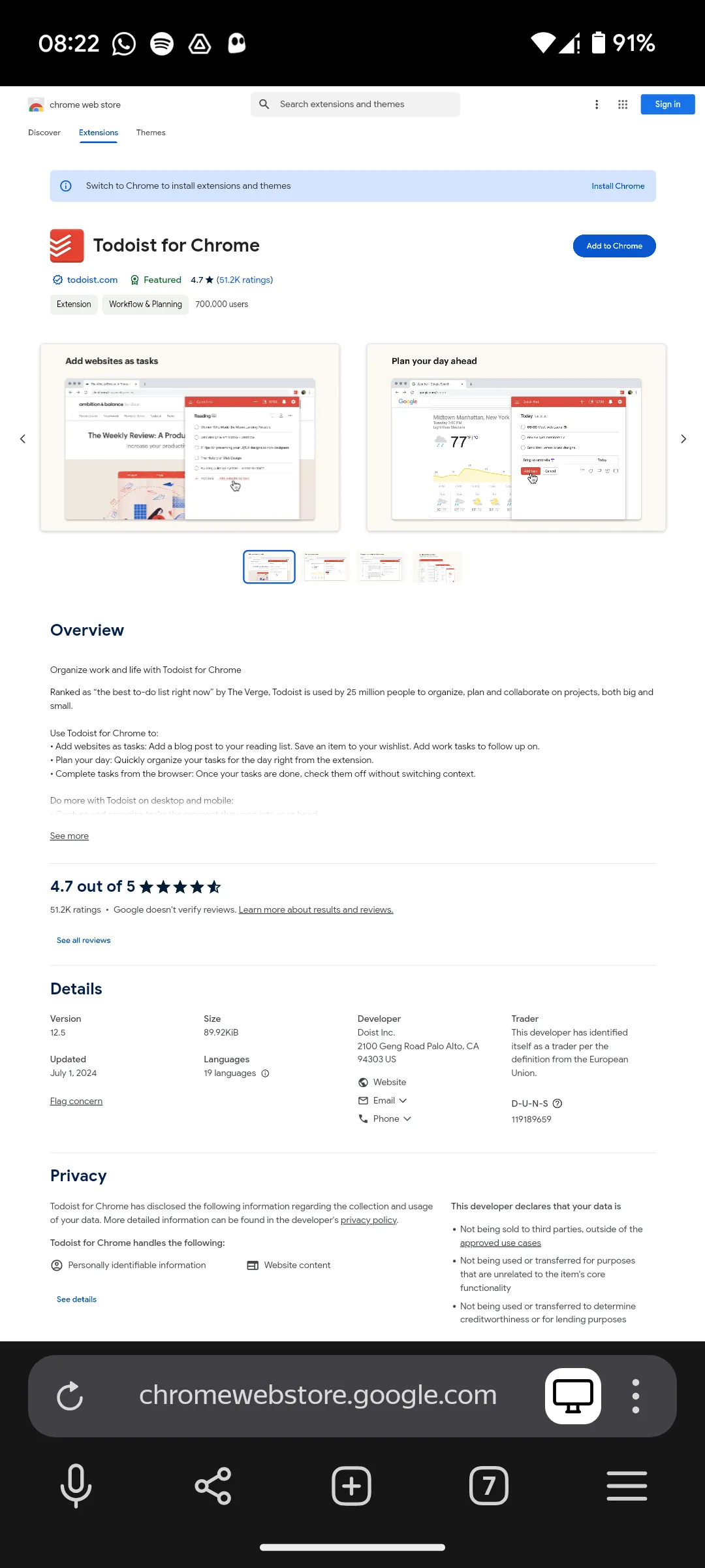 Xem trang tiện ích Todoist trong Chrome Web Store qua Yandex Browser